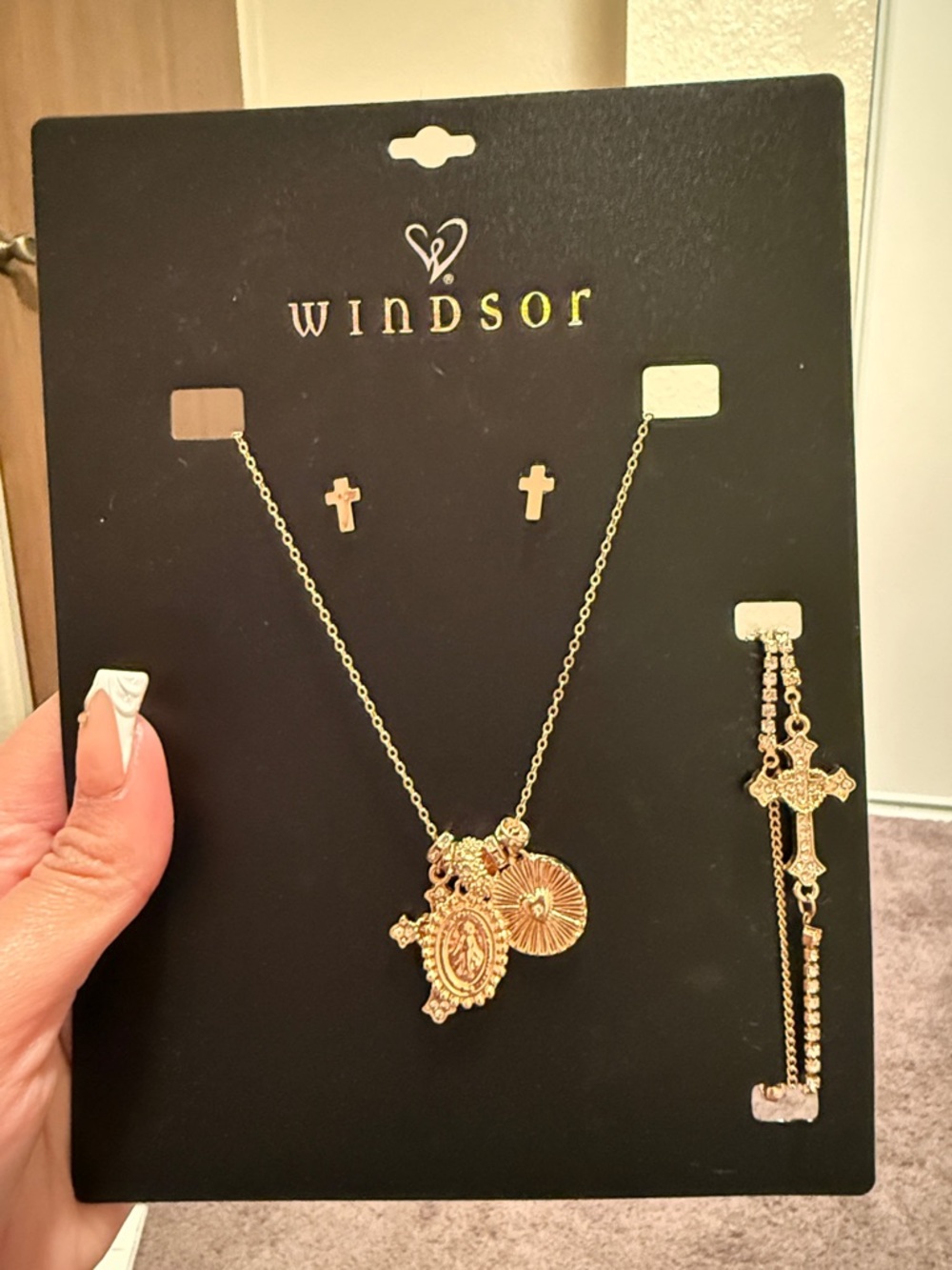 Windsor Gold-Tone Cross Pendant Necklace, Studs & Cross Chain Bracelet Set